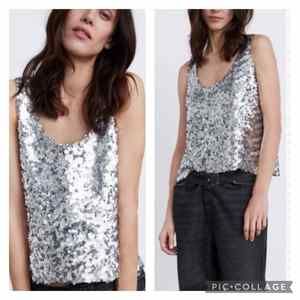 Zara Knit Metallic Silver Sequined Tank Top Womens Small